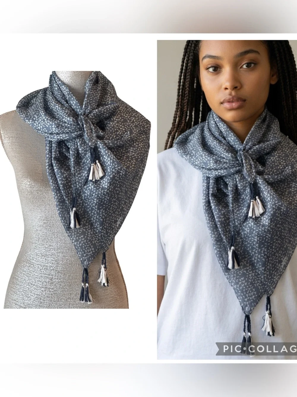 Pom Pom at Home Navy White Silk Geo Print Tassel Square Scarf Wrap 40” OS